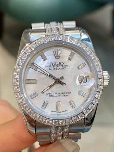 Rolex Datejust 31mm Baguette Diamond Bezel 316L Steel White MOP Face Lady Watch